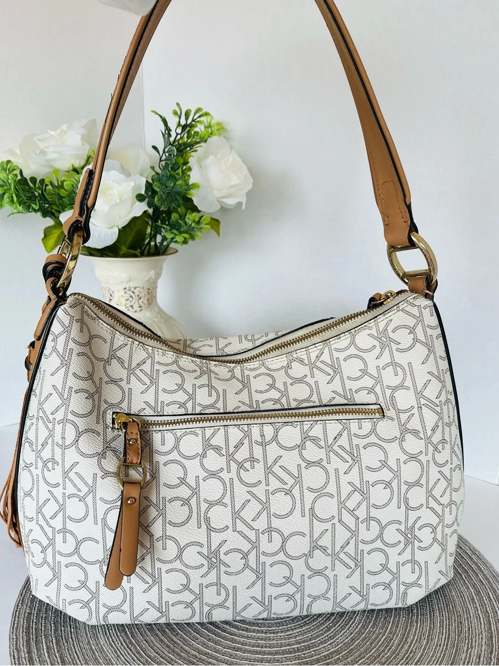 CALVIN KLEIN Shoulder Bag “HOLLY” Monogram Hobo Gold-Tone Tassel 13x11x6”